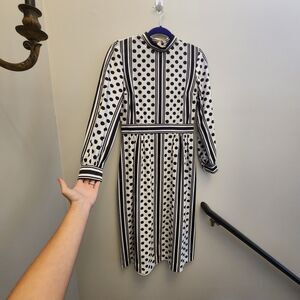Vtg 1960s Long Sleeve A-Line Dress Black & White Polka Dot Secretary Party Retro